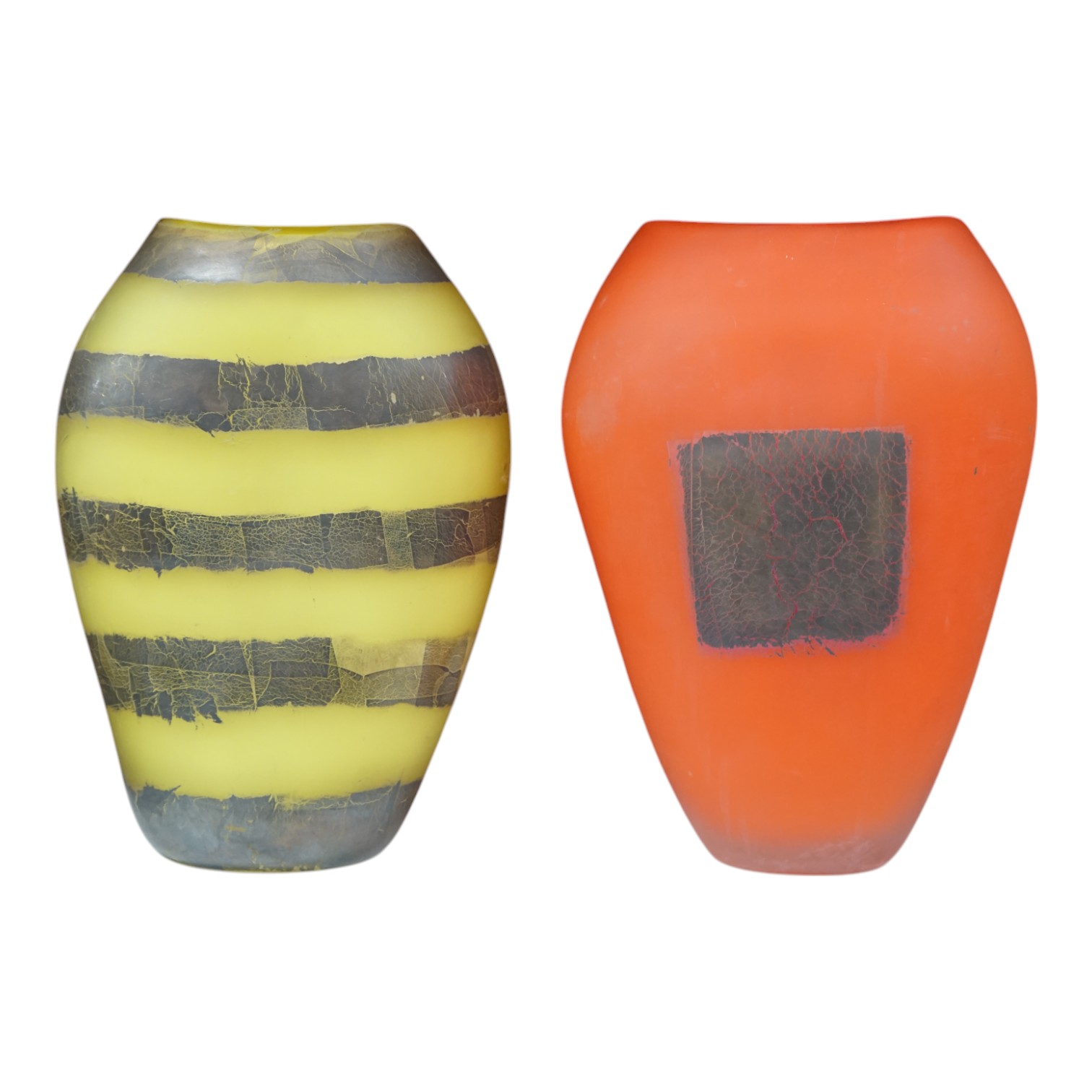 Two art glass vases: one yellow, one orange, 26cm high., Condition - good may need cleaning